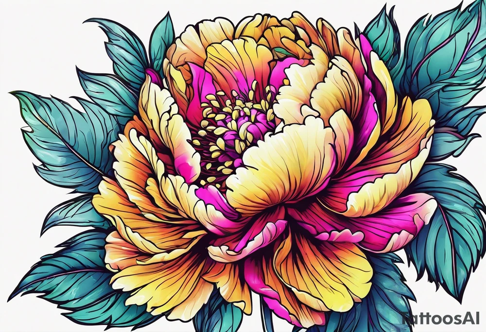 beautiful. colorful, neon, multicolored peony, white background, highly detailed, new school, new school style, street style, streetwear, urban wear, partially bloomed tattoo idea