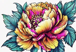 beautiful. colorful, neon, multicolored peony, white background, highly detailed, new school, new school style, street style, streetwear, urban wear, partially bloomed tattoo idea