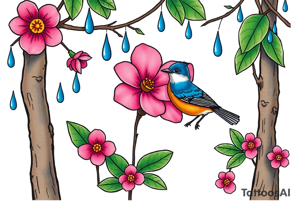forest with blue rain drops, pink camelia flower and blue and brown wren bird tattoo idea