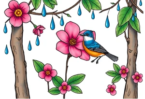 forest with blue rain drops, pink camelia flower and blue and brown wren bird tattoo idea