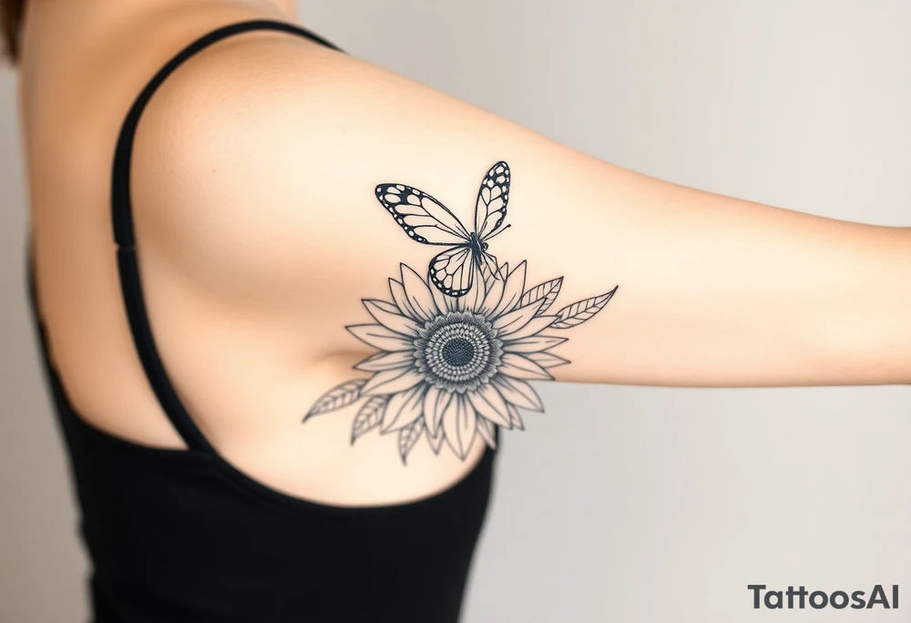 Bohemian hippie butterfly sitting atop a stylized  sunflower with mandala petals tattoo idea
