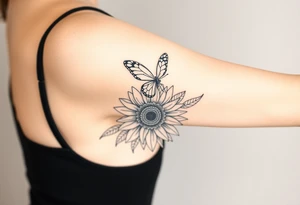 Bohemian hippie butterfly sitting atop a stylized  sunflower with mandala petals tattoo idea