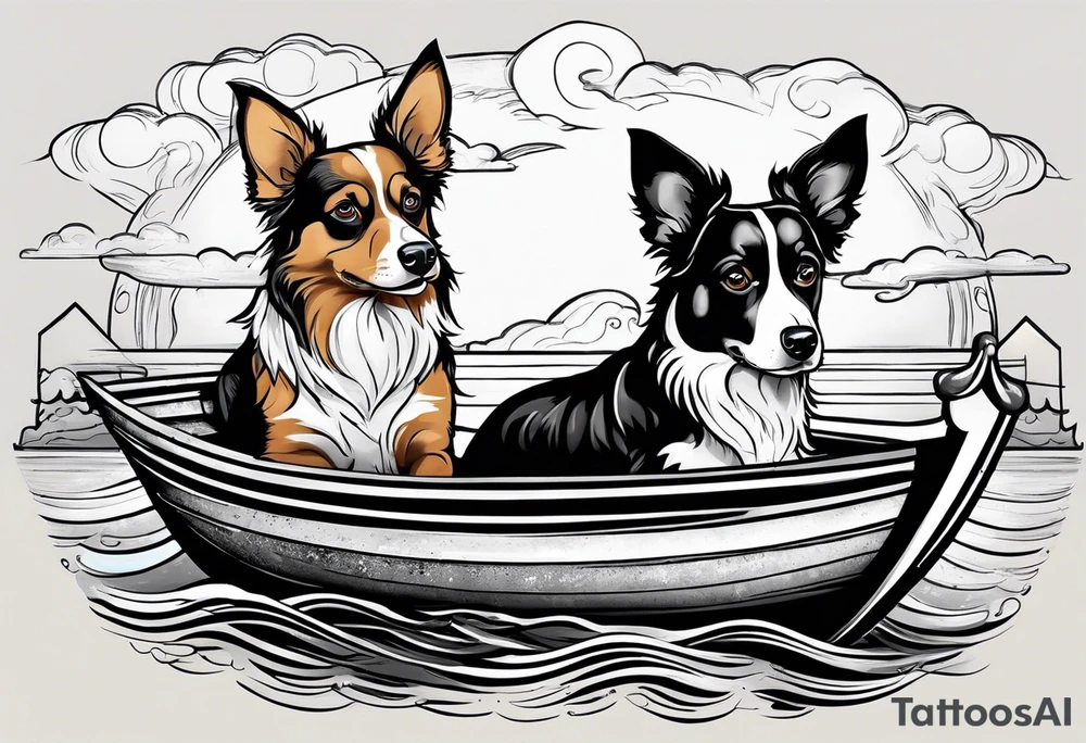 two dogs in a boat. One dog is tan with big ears like a chihuahua. The other dog is black and white and looks like an australian shepherd with floppy ears tattoo idea