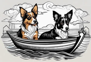 two dogs in a boat. One dog is tan with big ears like a chihuahua. The other dog is black and white and looks like an australian shepherd with floppy ears tattoo idea