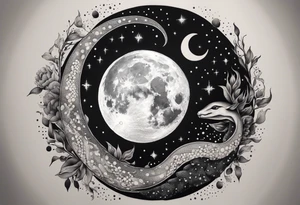 Snake wrapping around the moon phases and hades and Persephone constellations tattoo idea