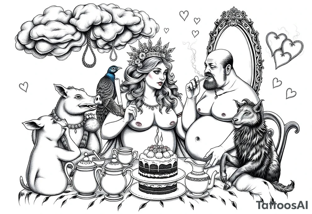 naked fat lady having a tea party with tea pots and 
with a pig, peacock, noose, lion, goat, smoking cigerettes looking in the mirror having sex with a man eating a cake thru storm clouds with knife and broken hearts and darkness and wrath tattoo idea