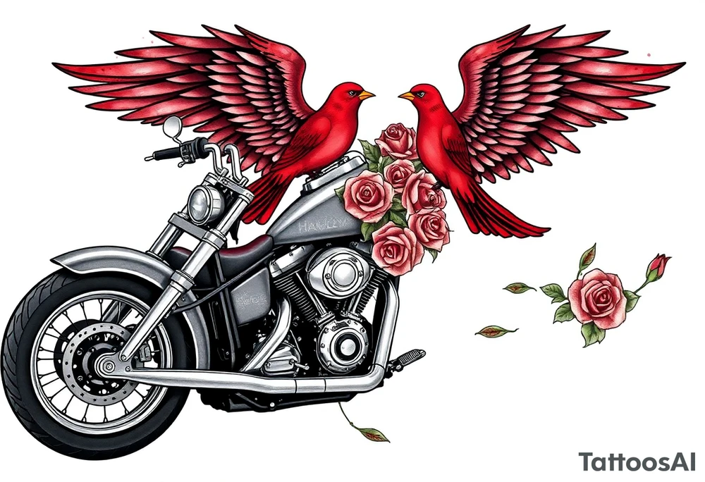 Harley grey motorcycle driving away, two red birds flying, roses, flames, angel wings tattoo idea