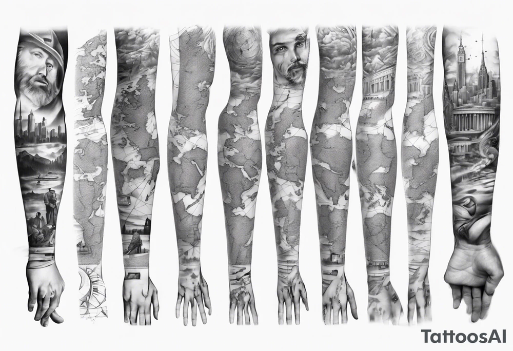 full arm tattoo for man with images of maps and travel and dna strands and music tattoo idea