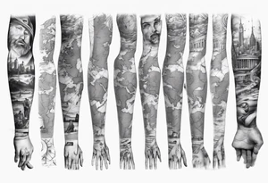 full arm tattoo for man with images of maps and travel and dna strands and music tattoo idea