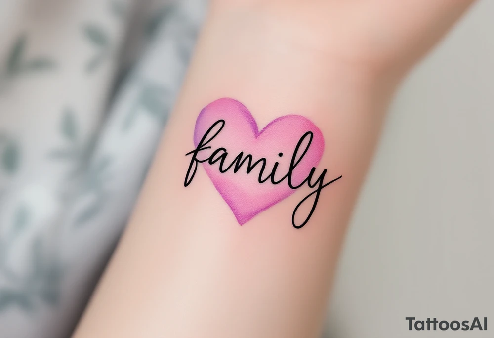 The word family in flowing black script, wrapped in a soft watercolor heart in shades of blush pink and lilac. tattoo idea