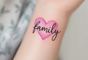 The word family in flowing black script, wrapped in a soft watercolor heart in shades of blush pink and lilac. tattoo idea