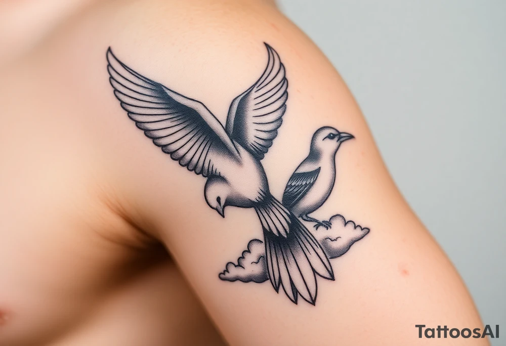 Dove and a blue jay, clouds, shining light to or from heaven tattoo idea