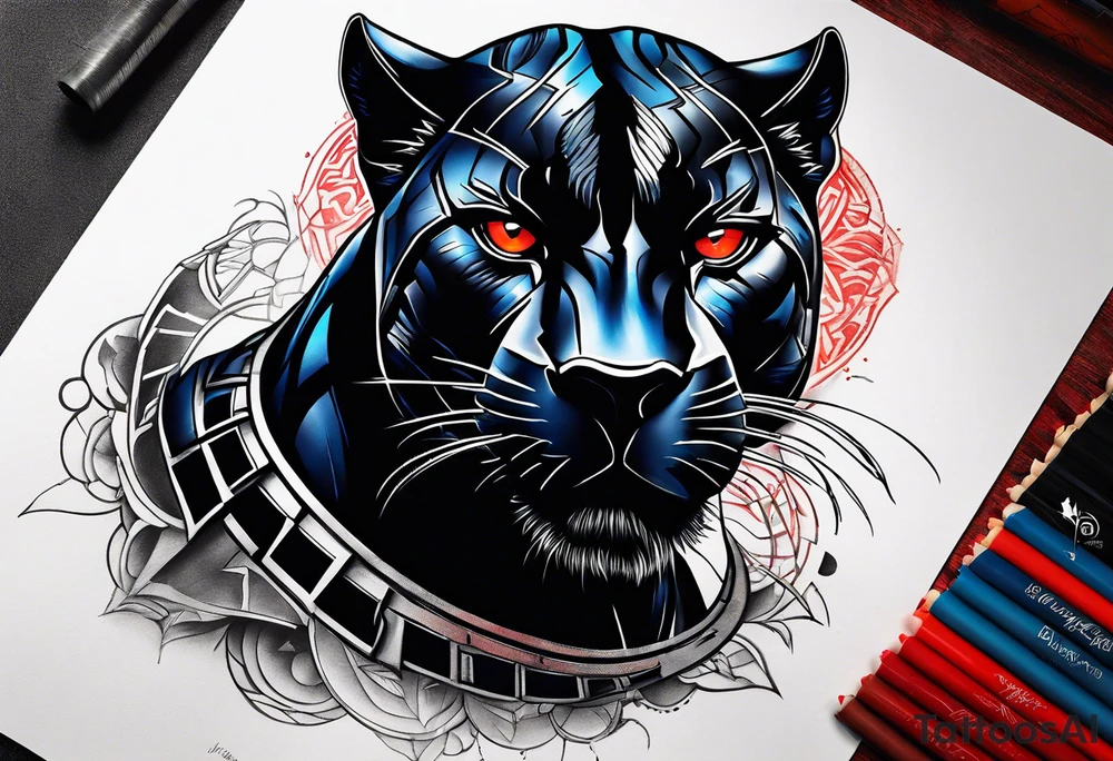 unique black panther tattoo, portrayed in a dynamic pose, showcasing its strength and grace, striking red eyes, intense and captivating elements, artistic flair, blending realism with abstract elements tattoo idea