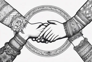 three baby hands and arms holding each other arm in a circle. Each wrist has a bracelet on it, with the names Arabella, Everleigh, and Arayla engraved on plates tattoo idea