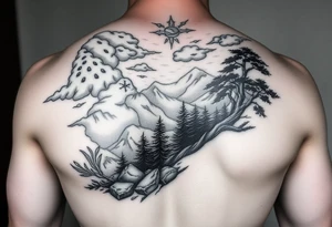 powerful ocean and forrest with rainy clouds with lighting sleeve for arm tattoo idea