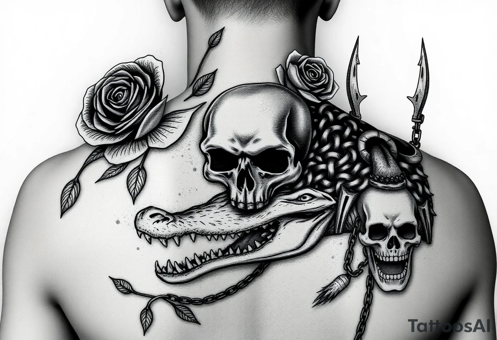 gothic fairy tale vibe we talked about: dark, thorny roses, skulls peeking through shadows, a bit of wild creature energy. Not perfect matches, but imagine tweaking 'em—rose from the eye, gator coiled like a guardian. This one's got that moody frame, vines creeping in—easy to swap in your Tudor rose and skull. Full-back chaos with skulls and chains... add the alligator jaws clamping down, and boom. tattoo idea