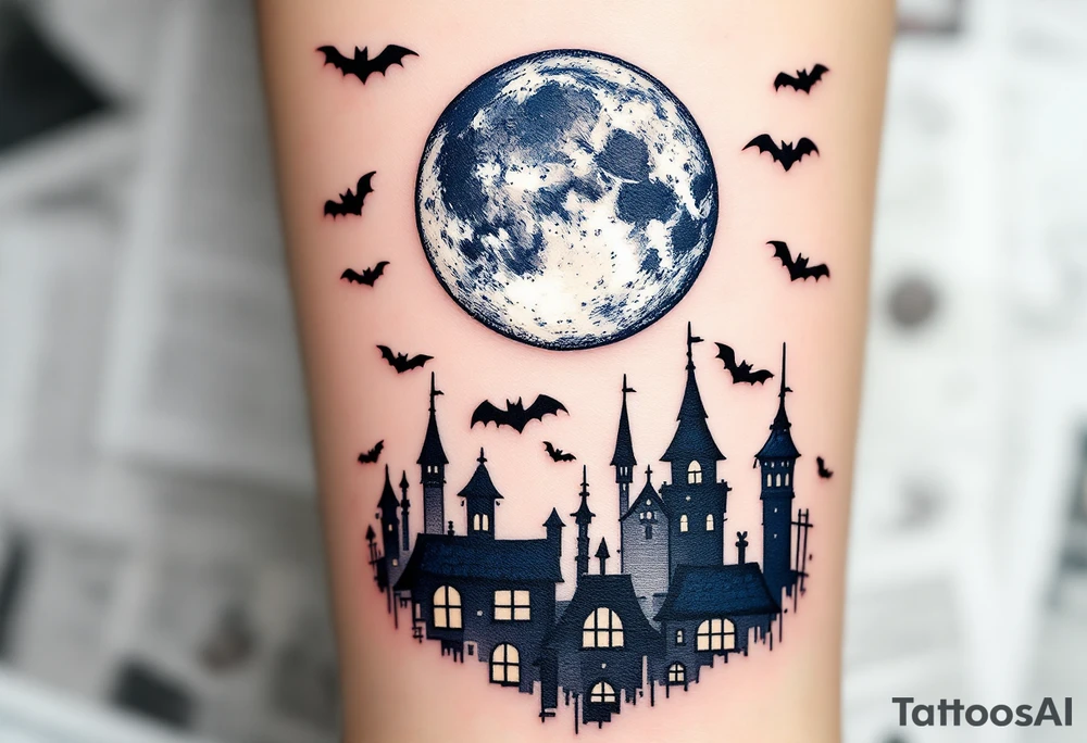 Tim Burton’s stitched moon hangs above crooked rooftops in navy and ivory, surrounded by drifting bats. tattoo idea