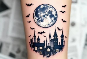 Tim Burton’s stitched moon hangs above crooked rooftops in navy and ivory, surrounded by drifting bats. tattoo idea