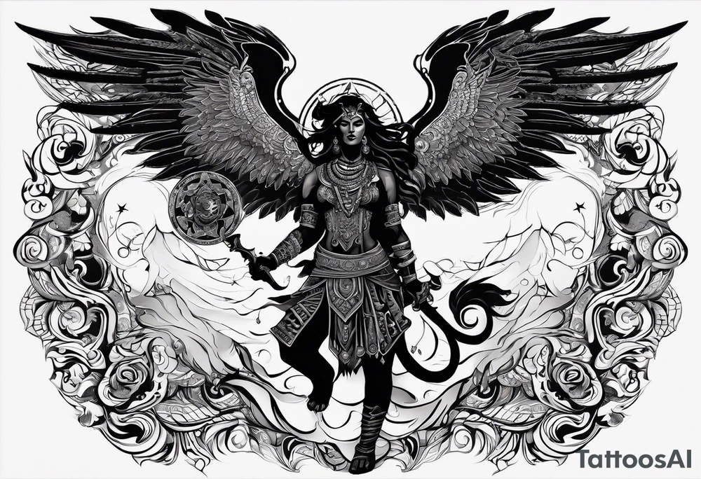 black kali, goddess pirate, alien, angel, pachamama, valkrye, warrior, flying, skull, lotus azul, wing, eagle, zenza resonance, stars, 5D, anahata chakra, death, durga, riding on a tiger, flying lady tattoo idea