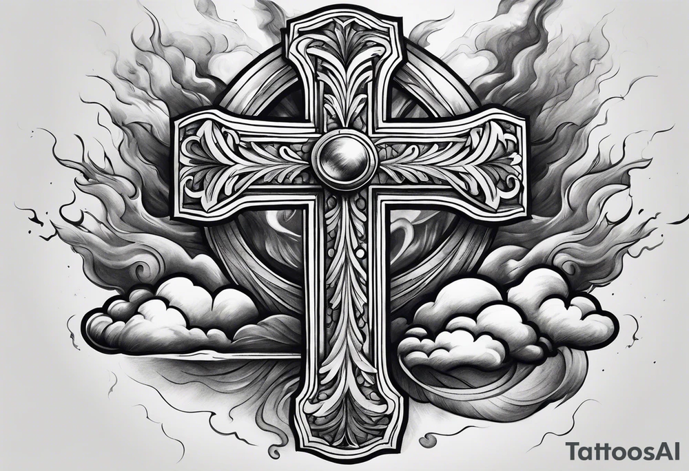 cross with smoke behind it in a storm tattoo idea