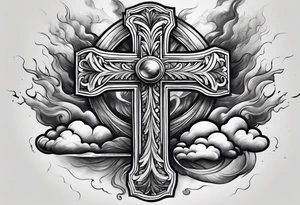 cross with smoke behind it in a storm tattoo idea
