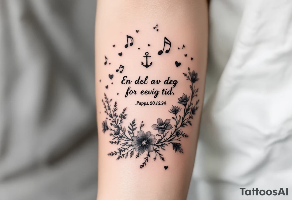 Quote: "En del av deg for evig tid. 
Pappa 20.12.24"
Surround the quote with delicate long blossom gladious, music notes, hearts and an anchor tattoo idea