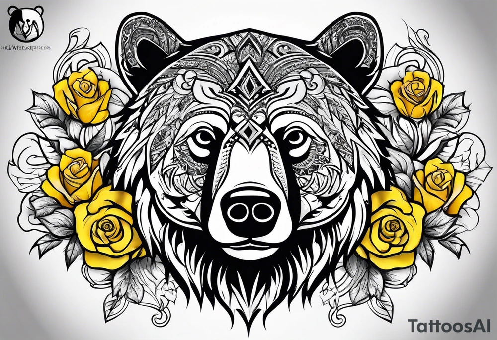 A tribal bear above the butterfly and yellow rose tattoo idea