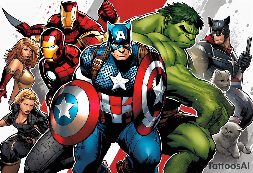 I want to change Avengers Team characters with animals. Hulk will be Badger, Thor will be Alpha Grey Wolf, Captain America will be Bull, Iron Man will be Canary, Black Widow will be Axolotl, Hawk Eye will be Sudan Plated Lizard and Nick Fury will be Cat. tattoo idea
