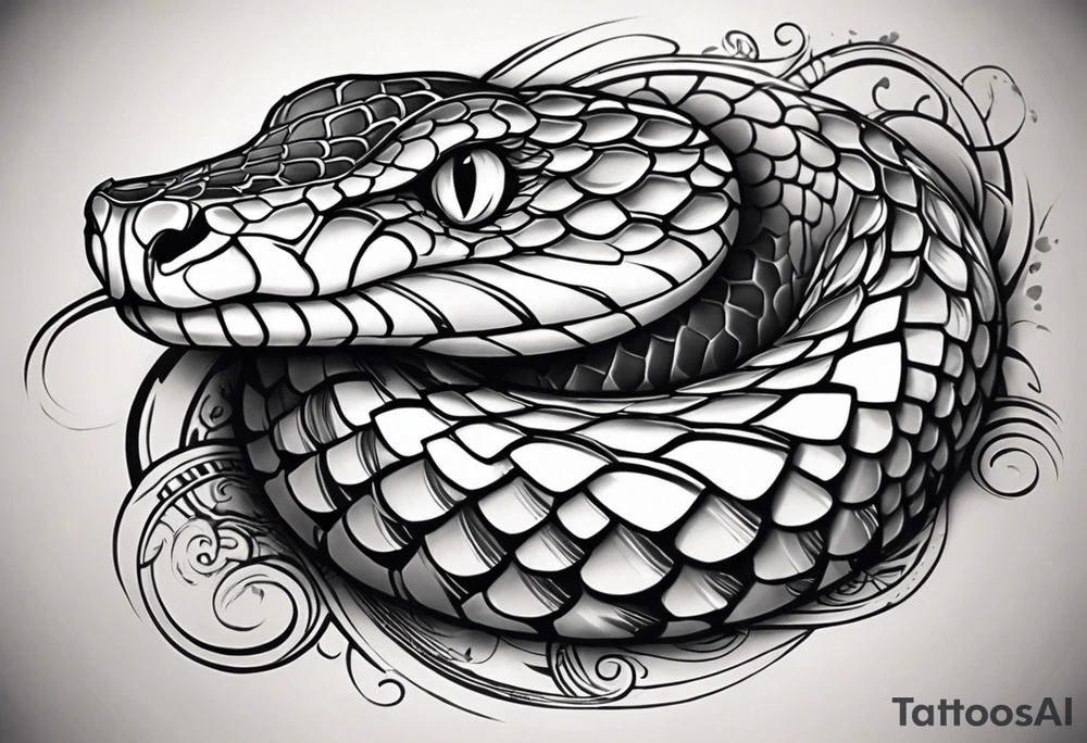 Create a detailed sketch of a snake tattoo. The design should feature a coiled snake with intricate scales and a dynamic, flowing pose. Emphasize the snake's head with a slightly menacing expression, its forked tongue flicking out. Include subtle shading to highlight the texture of the scales and give the design a sense of depth. The overall style should be clean and bold, suitable for a tattoo, with a focus on both artistic and anatomical accuracy. Consider incorporating elements like floral or geometric patterns in the background to complement the snake tattoo idea