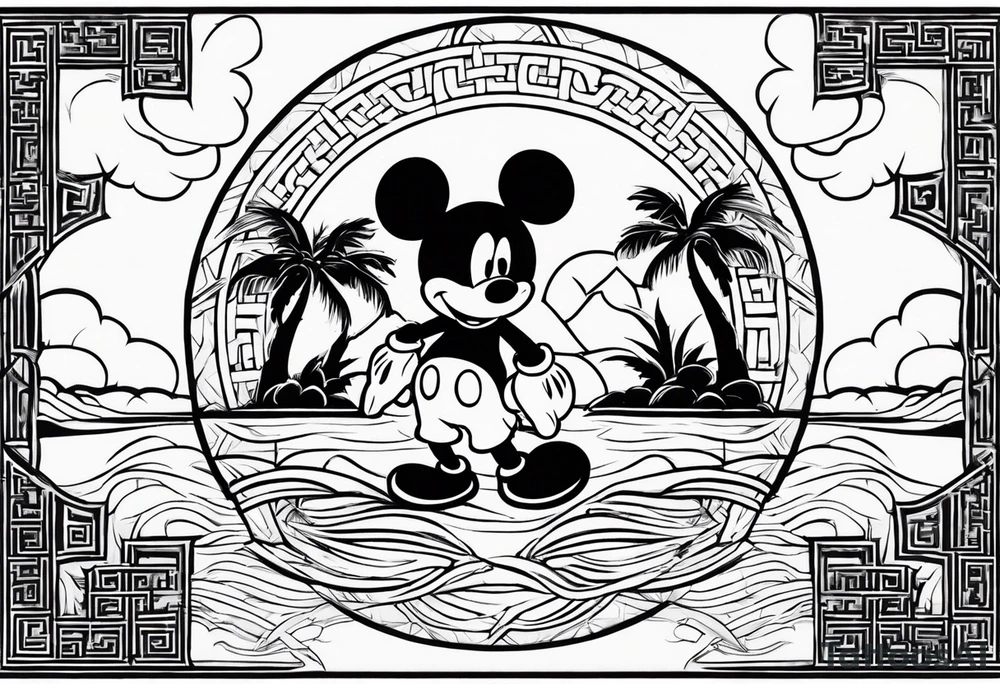 mickey mouse in a lightning storm with palm trees and the celtic symbol for family tattoo idea