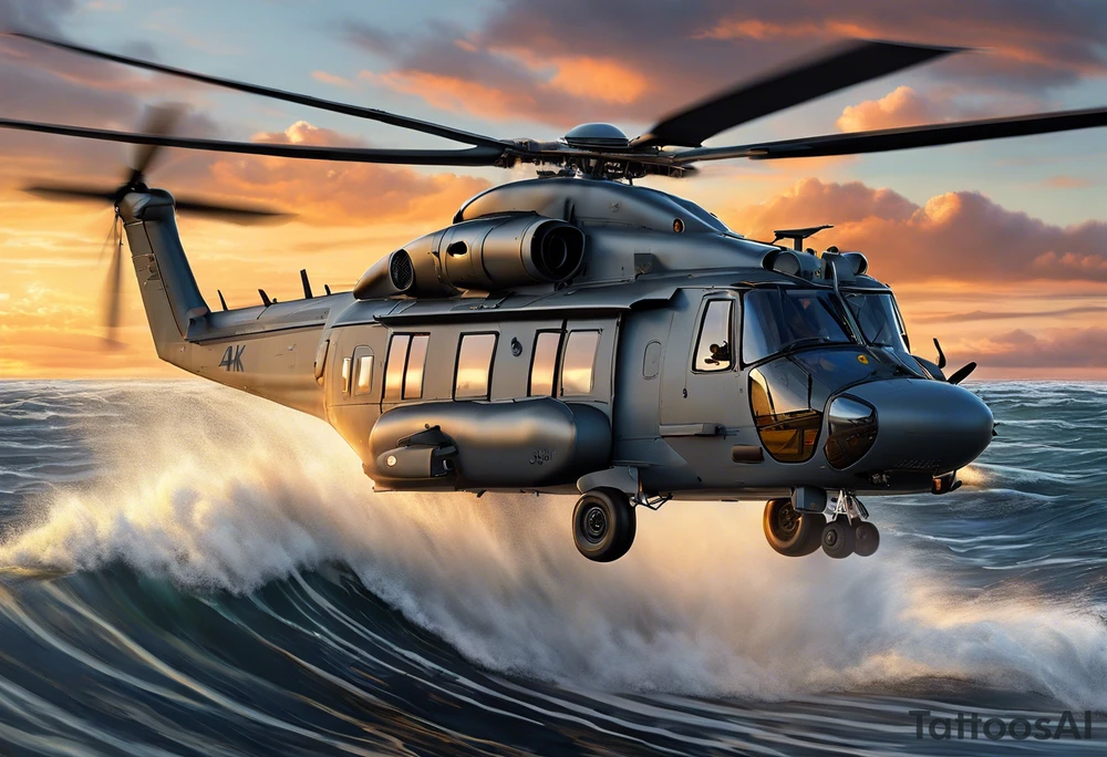 A detailed 4K drawing of a Canadian military grey CH-148 Cyclone helicopter soaring low over rough, ocean waves. The sun is setting, casting a dramatic glow on the scene with realistic clouds and a specular reflection of the helicopter on the water. The helicopter should be the main focus, with intricate details and a sense of motion. In the background, a poppy be prominently displayed tattoo idea