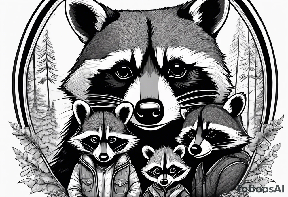 Very detailed Raccoon Husband with wife and child.
Background modern House between woods tattoo idea