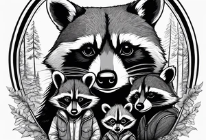 Very detailed Raccoon Husband with wife and child.
Background modern House between woods tattoo idea