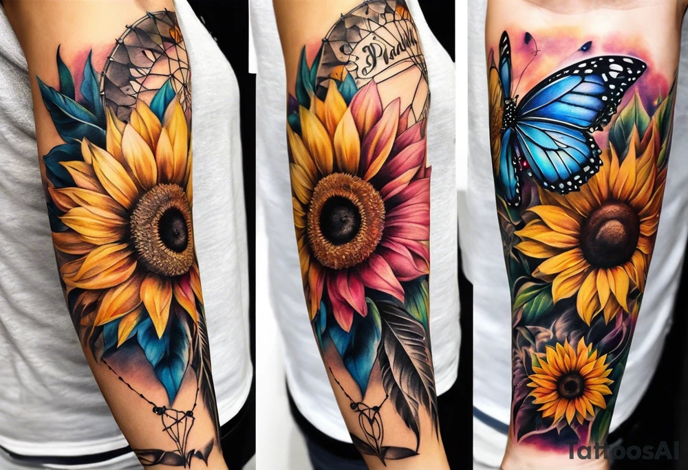 arm sleeve with dreamcatcher, rainbow sunflowers and one butterfly tattoo idea