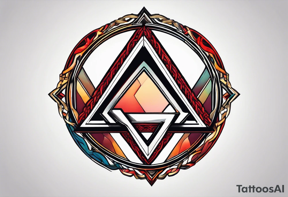 Simplistic symbol large delta inside a circle. Circle is made from chain. Shade of a letter K in a background. tattoo idea