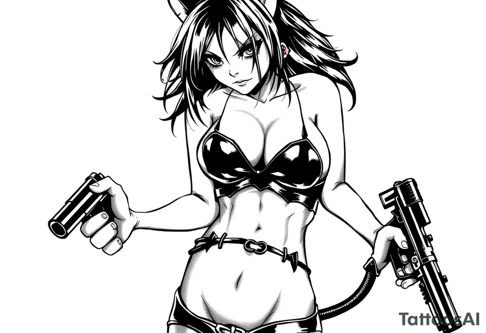 naked catgirl, slut, anime, holding gun, black, leather bikini, angry tattoo idea