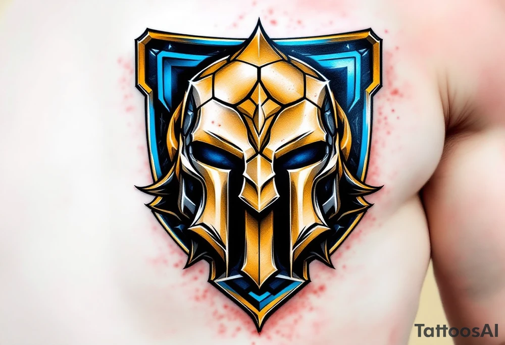 A half-soccer, half-hockey ball fused behind a gleaming golden Sparta "S" logo with blue accents. tattoo idea