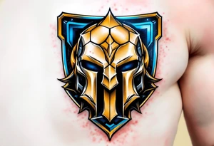 A half-soccer, half-hockey ball fused behind a gleaming golden Sparta "S" logo with blue accents. tattoo idea