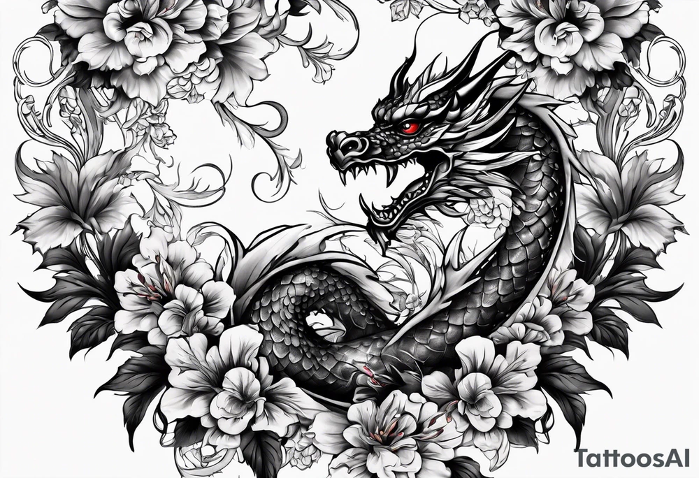 Drache mit Kirschblüten auf den ganzen Bein länglich tattoo idea