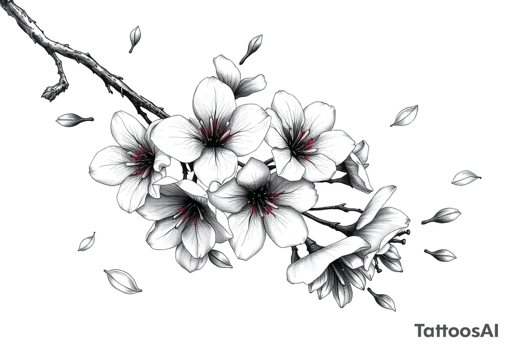delicate cherry blossoms swirling in spring breeze with petals tattoo idea