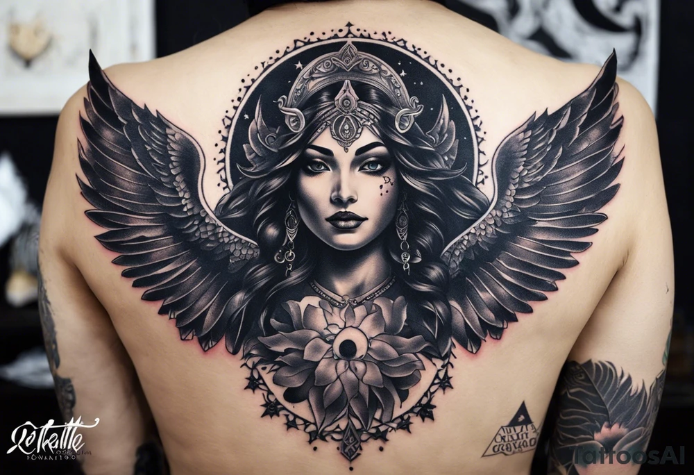black kali, goddess pirate, alien, angel, pachamama, valkrye, warrior, flying, skull, lotus azul, wing, eagle, zenza resonance, stars, 5D, anahata chakra, death, durga, riding on a tiger, flying lady, kundalini, chest tatoo, rebel tattoo idea