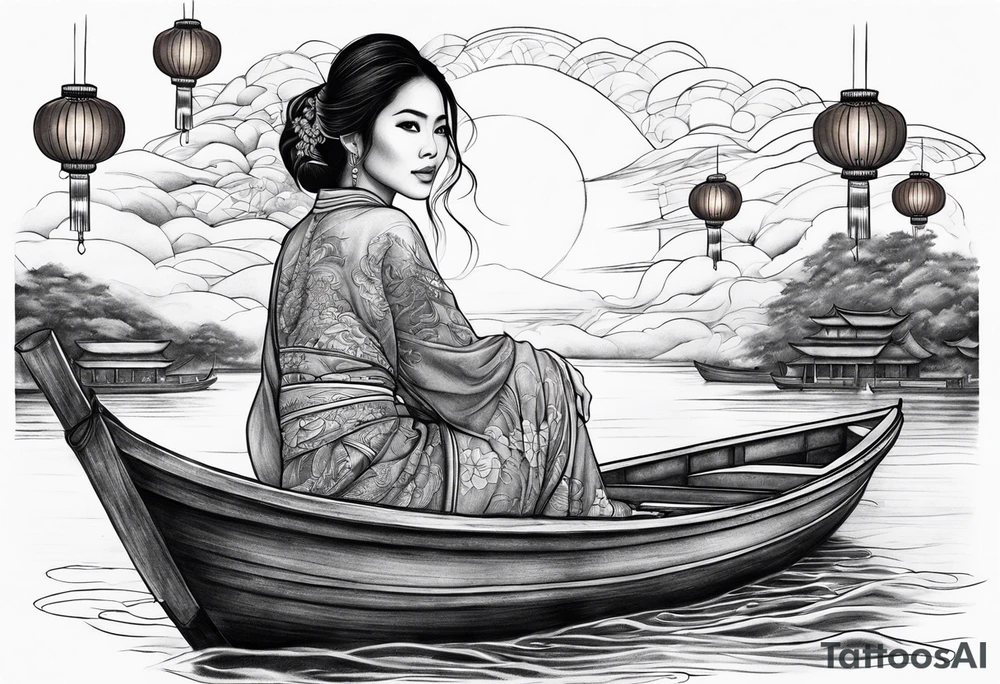 vietnamese lady on boat body,water, lanterns, sunset tattoo idea