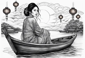 vietnamese lady on boat body,water, lanterns, sunset tattoo idea