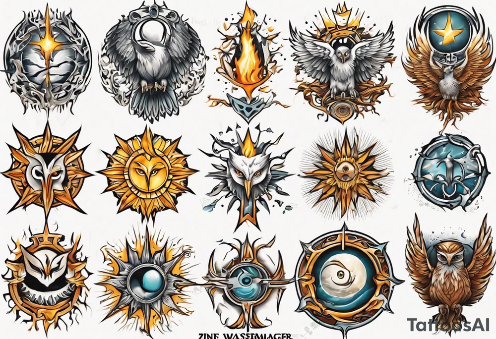 symbol eines Kriegers Wassermann Eule Sonne tattoo idea