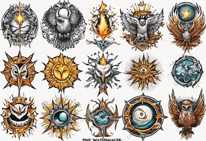 symbol eines Kriegers Wassermann Eule Sonne tattoo idea