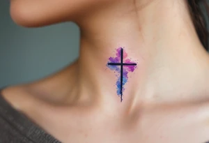 Abstract Watercolor Cross – A small black cross outlined in watercolor splashes of purple, blue, and pink, fading gently into the skin for a vibrant, artistic look. tattoo idea