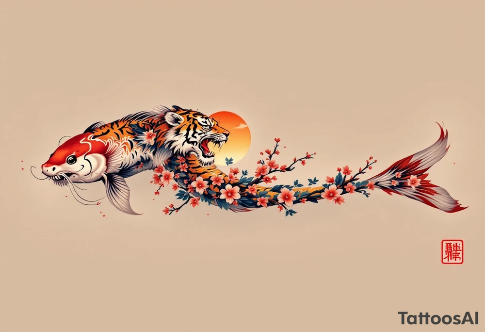 Koi fish, tiger, the sun, cherry blossom filler tattoo idea