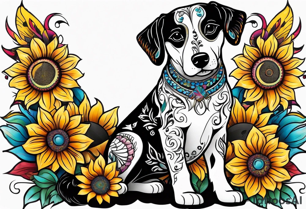 Alebrije dog with sunflowers tattoo idea