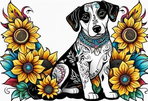 Alebrije dog with sunflowers tattoo idea