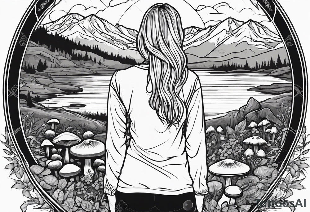 Whole picture encircled fully

Straight long blonde hair hippie girl in distance holding mushrooms in hand facing away toward mountains and creek surrounded by mushrooms long sleeve shirt and hiking pants; whole rendering within a full celtic circle, no cut off circle tattoo idea